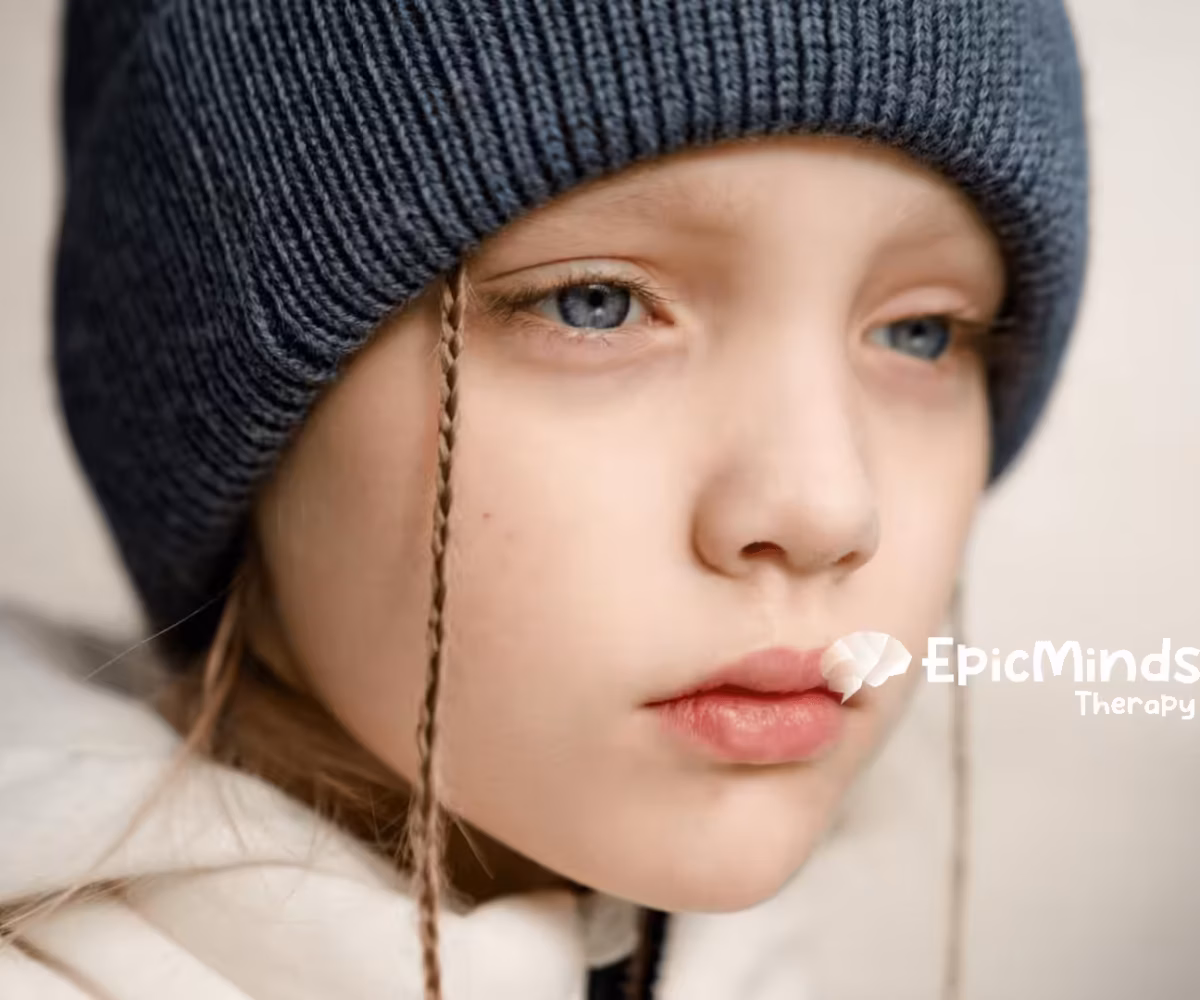 Close-up of an autistic child in a winter hat looking thoughtful outdoors in North Carolina.