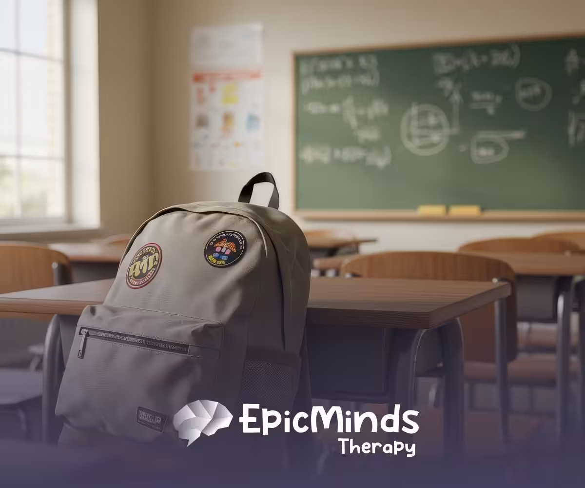 A beige backpack with patches rests on a classroom chair. The room is empty, featuring wooden desks and a chalkboard with math equations, creating a studious atmosphere.