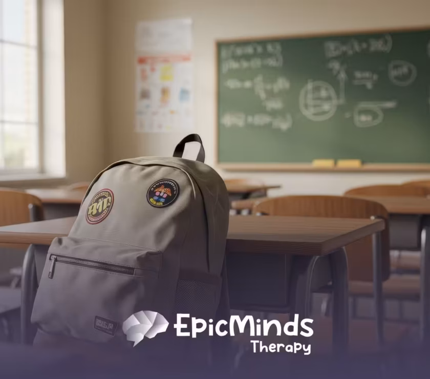 A beige backpack with patches rests on a classroom chair. The room is empty, featuring wooden desks and a chalkboard with math equations, creating a studious atmosphere.